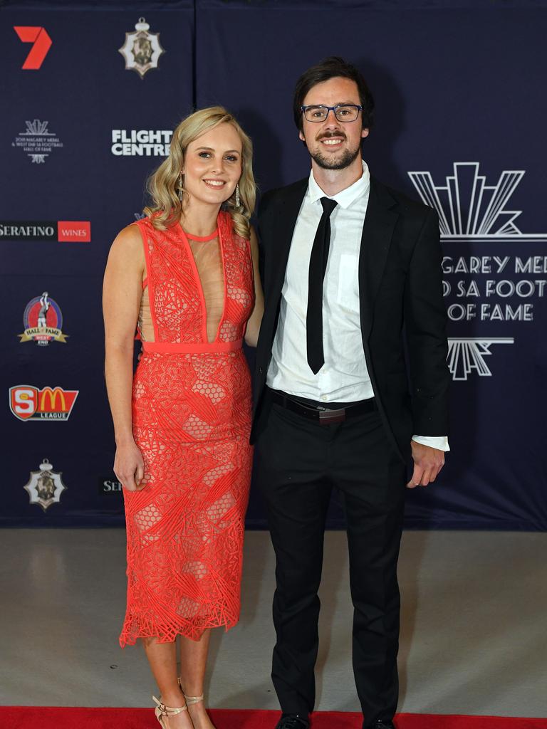 Chris Hall and Elyse Edwards on the red carpet ahead of the Magarey Medal presentation at Adelaide Oval.