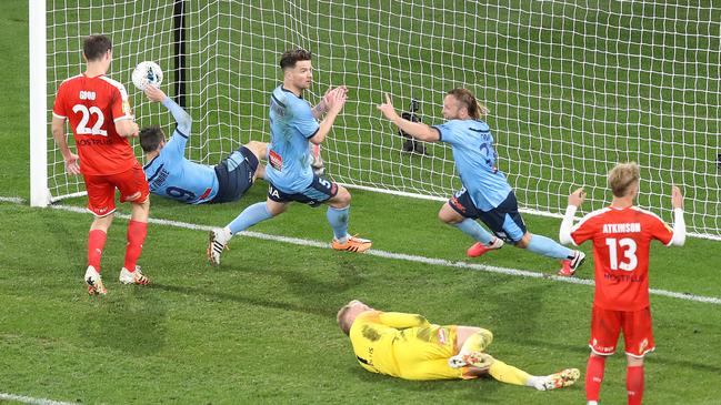 Sydney FC’s Rhyan Grant celebrates after scoring against Melbourne City in the A-League grand final at Bankwest Stadium. Picture: Getty Images