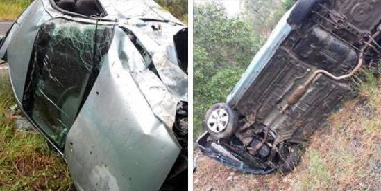 A car severely damaged in a single vehicle crash on the Mary Valley Hwy on Monday afternoon. (Posted by Jessie Gilliland to Gympie, Information, Discussions and Advice Facebook page.). Picture: Contributed