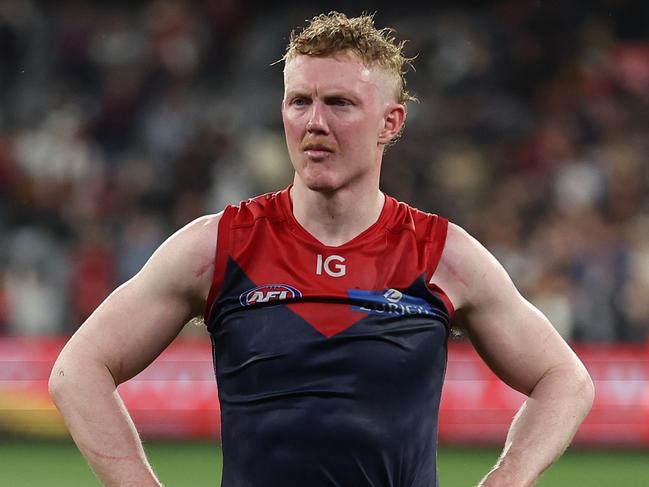 MELBOURNE, AUSTRALIA – SEPTEMBER 15: Clayton Oliver of the Demons is dejected after the Demons were defeated by the Blues during the AFL First Semi Final match between Melbourne Demons and Carlton Blues at Melbourne Cricket Ground, on September 15, 2023, in Melbourne, Australia. (Photo by Robert Cianflone/Getty Images)