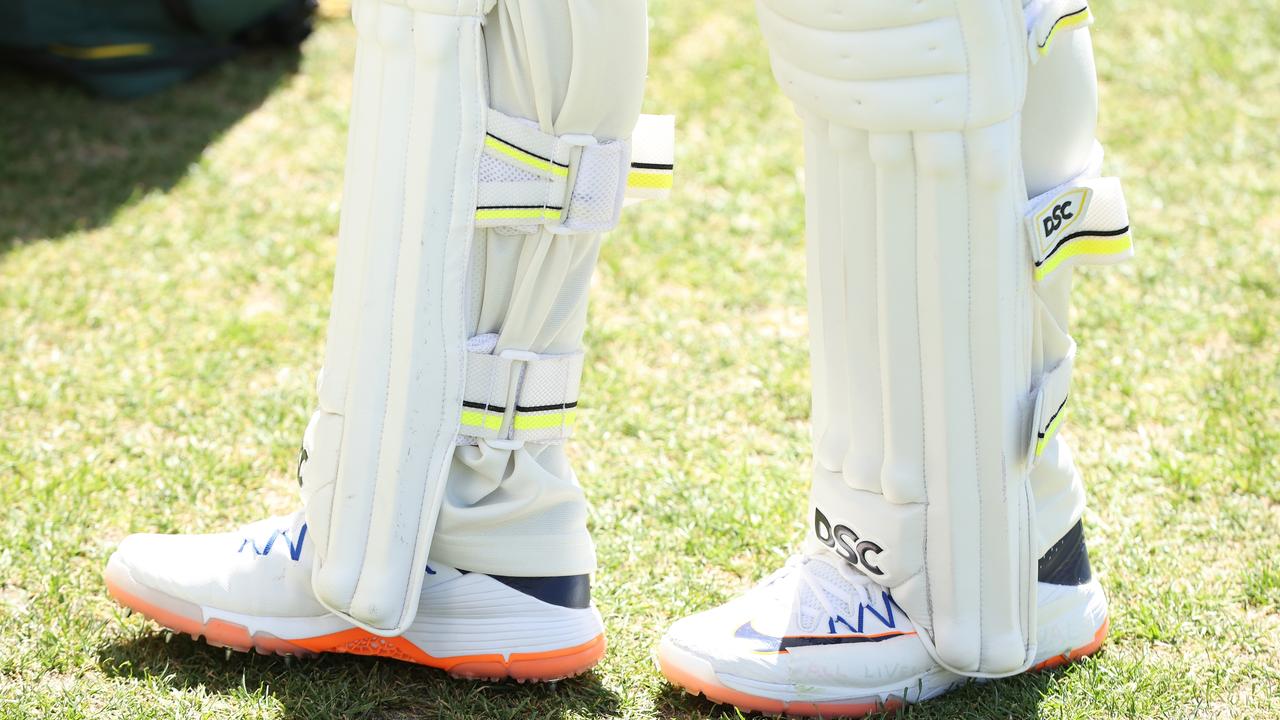 The shoes of Usman Khawaja with tape covering the message "All lives matter" during day one of the first Test against Pakistan at Optus Stadium on December 14, 2023. (Photo by Paul Kane/Getty Images)