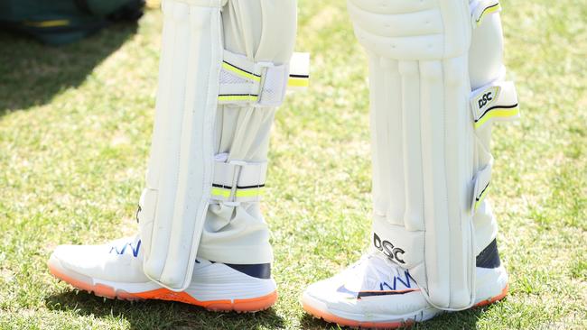 The shoes of Usman Khawaja with tape covering the message "All lives matter" during day one of the first Test against Pakistan at Optus Stadium on December 14, 2023. (Photo by Paul Kane/Getty Images)