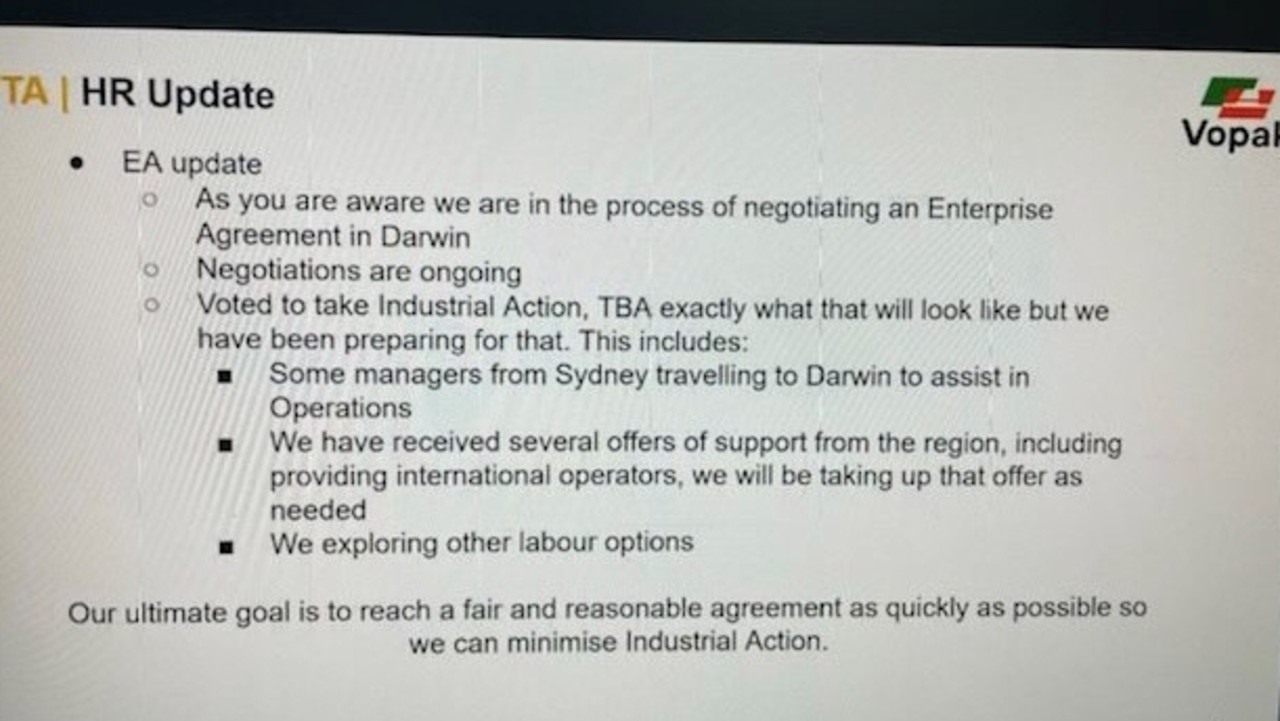 An internal human resources communication from Royal Vopak to employees in relation to potential industrial action at the Darwin East Arm Port.