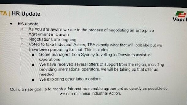 An internal human resources communication from Royal Vopak to employees in relation to potential industrial action at the Darwin East Arm Port.