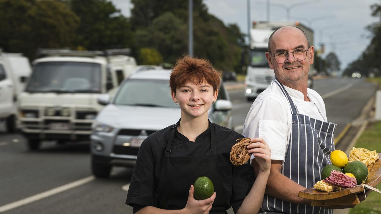 Lily's owner Bruce Ryman and school-based apprentice Jorja Flynne hold pasta made by the restaurant and other fresh local ingredients. Picture: Kevin Farmer