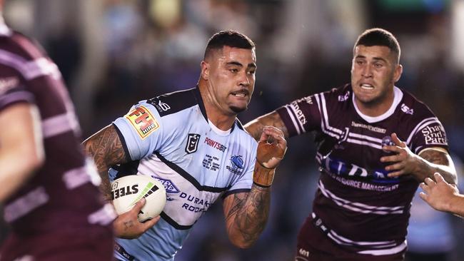 SYDNEY, AUSTRALIA — MAY 19: Andrew Fifita of the Sharks runs with the ball during the round 10 NRL match between the Cronulla Sharks and the Manly Sea Eagles at Shark Park on May 19, 2019 in Sydney, Australia. (Photo by Matt King/Getty Images)