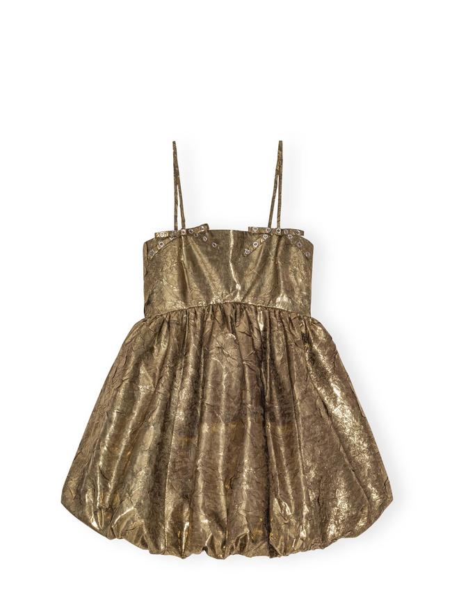 A golden bubble hem mini-dress from Danish brand Ganni.