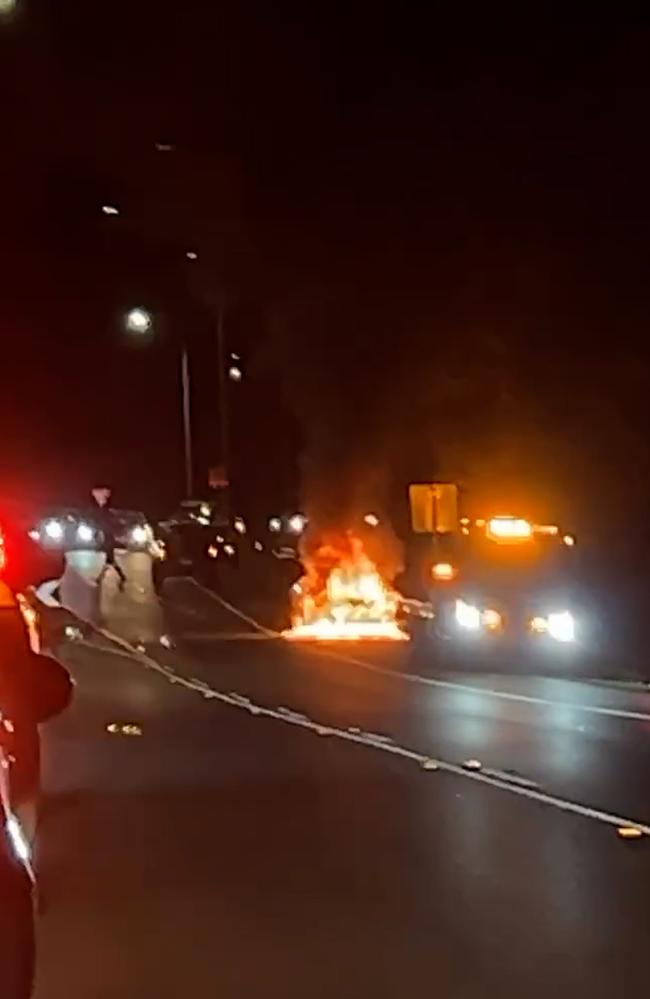 Car engulfed by fire on busy Sunshine Coast road. Picture – Facebook.