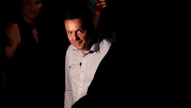 Deflated SA Best Leader Nick Xenophon mingles with supporters at the party’s election night function in Adelaide. Picture: Kelly Barnes/AAP