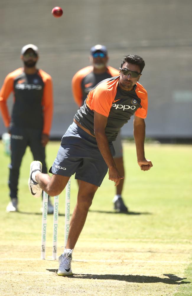 Ravi Ashwin of India bowls during an India training session at Adelaide Oval. Picture: Getty Images