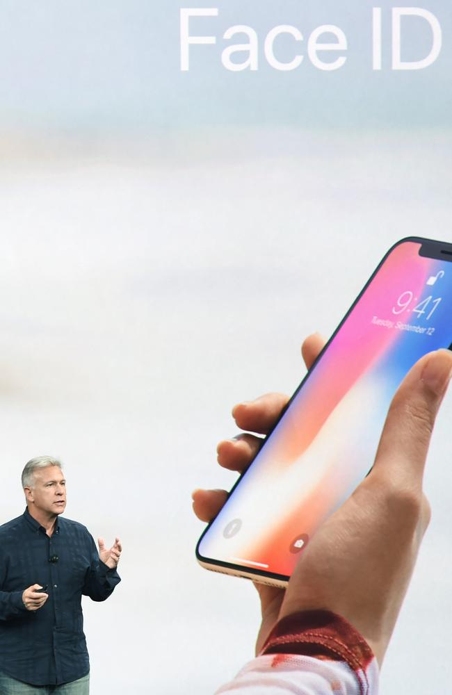 Senior Vice President of Worldwide Marketing at Apple, Philip Schiller, introduces the iPhone X during this morning’s media event at Apple's new headquarters in Cupertino, California. Picture: Josh Edelson