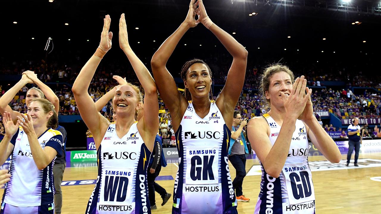 ON COURT; The Lightning celebrate after the minor semi final in 2018. Photo: Bradley Kanaris/Getty Images.