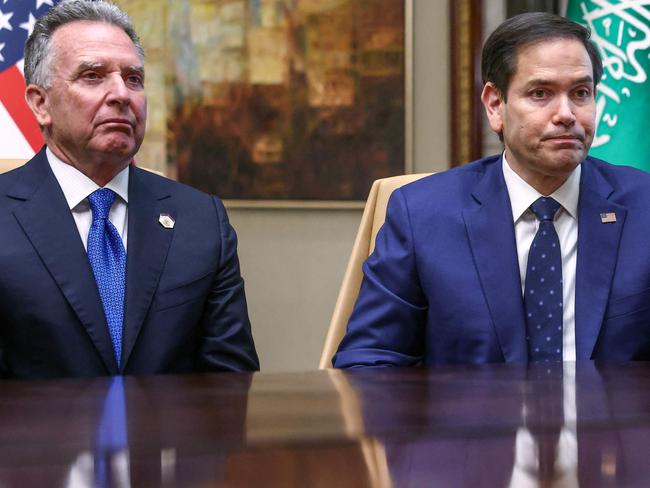 US Secretary of State Marco Rubio (C), US National Security Advisor Mike Waltz (R) and US Middle East envoy Steve Witkoff attend an interview after meeting with Russian Foreign Minister Sergei Lavrov and Russian President Vladimir Putin's foreign policy advisor Yuri Ushakov, at Diriyah Palace, in Riyadh, Saudi Arabia, on February 18, 2025. (Photo by EVELYN HOCKSTEIN / POOL / AFP)