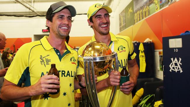 Andy Lee with Mitchell Starc in the dressing rooms after Australia’s ICC Cricket World Cup win. Picture: Phil Hillyard