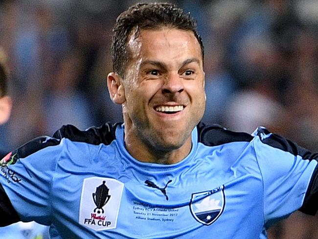 Bobo of Sydney celebrates scoring a goal in extra time during the FFA Cup Final between Sydney FC and Adelaide United at Allianz Stadium in Sydney, Tuesday, November 21, 2017. (AAP Image/Dan Himbrechts) NO ARCHIVING, EDITORIAL USE ONLY