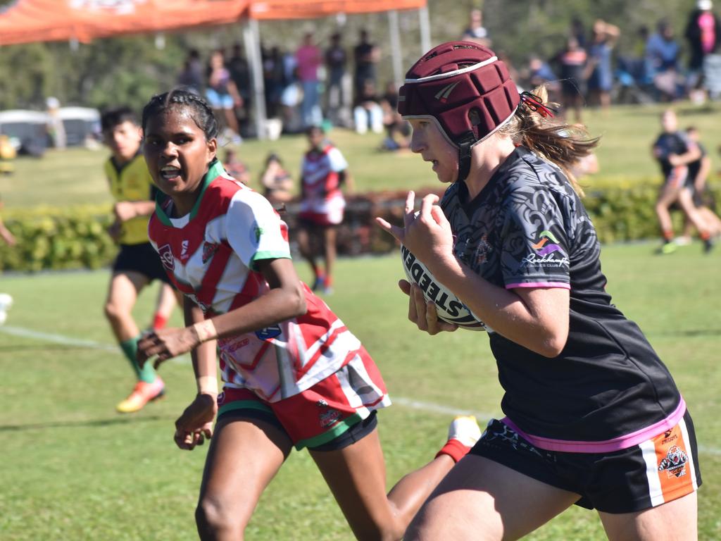 Rockhampton Tigers five-eighth Maddi Johns bagged a hat-trick in the Rocky Junior League under-14 girls grand final at Rugby Park on June 8, 2024.