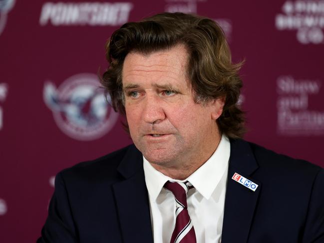 SYDNEY, AUSTRALIA - SEPTEMBER 02: Sea Eagles coach, Des Hasler speaks to the media following the round 25 NRL match between the Canterbury Bulldogs and the Manly Sea Eagles at Accor Stadium, on September 02, 2022, in Sydney, Australia. (Photo by Brendon Thorne/Getty Images)