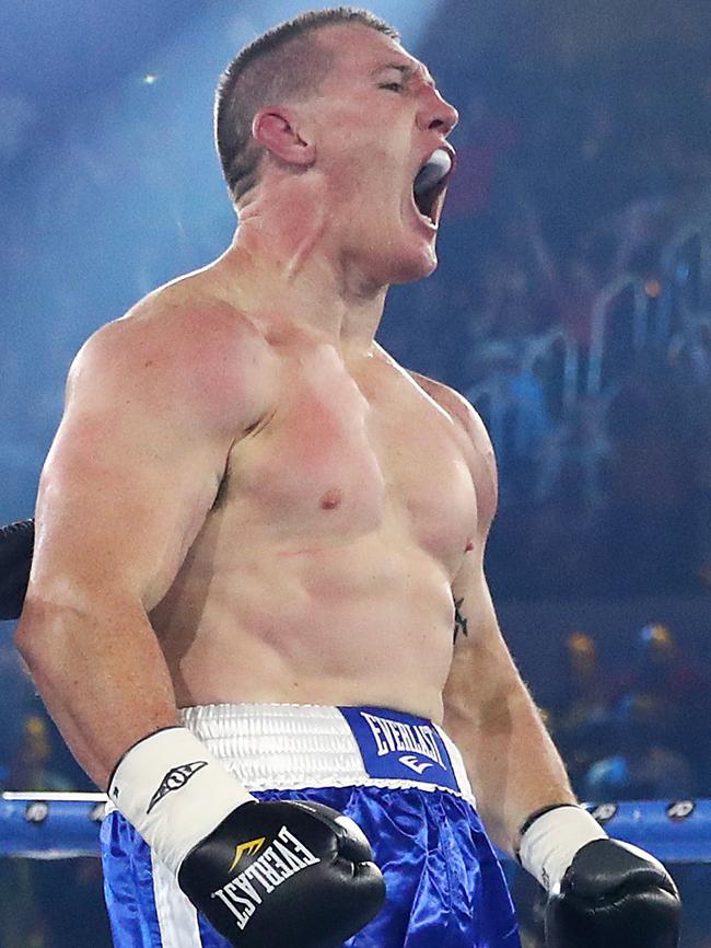 Paul Gallen celebrates defeating Lucas Browne (Photo by Mark Metcalfe/Getty Images)