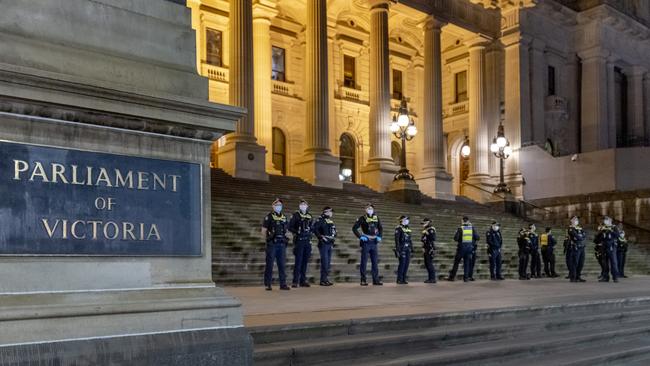 Victoria Police officers patrol Melbourne CBD. Picture: David Geraghty