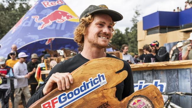 Dan Booker celebrates at Red Bull Hardline in Maydena Bike Park, Australia on February 08, 2025. Picture: Nick Waygood / Red Bull Content Pool