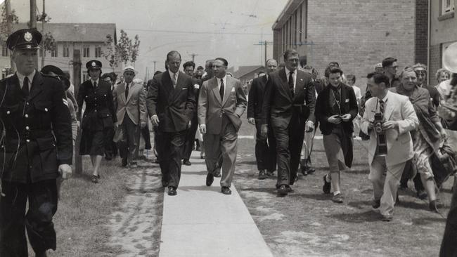 Prince Philip on a sightseeing tour of Melbourne’s Olympic Village in 1956.