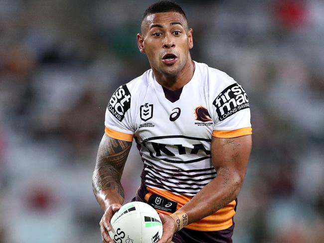 SYDNEY, AUSTRALIA - APRIL 08:  Jamayne Isaako of the Broncos runs the ball during the round five NRL match between the South Sydney Rabbitohs and the Brisbane Broncos at Stadium Australia on April 08, 2021, in Sydney, Australia. (Photo by Mark Metcalfe/Getty Images)