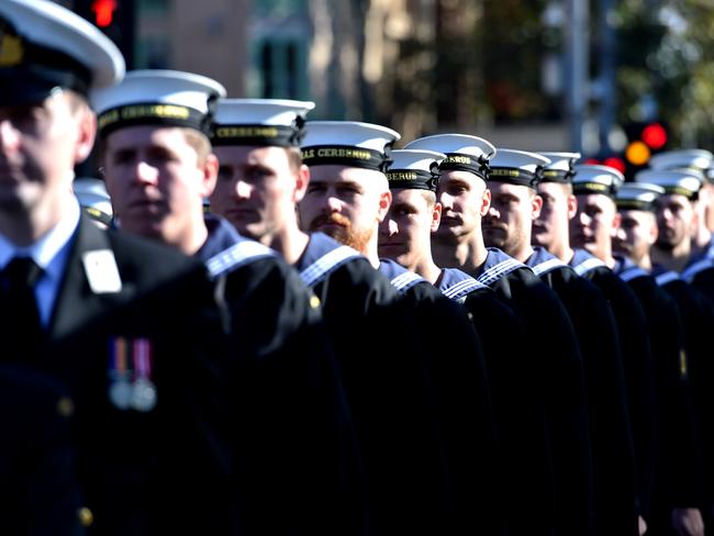 Military personal in Melbourne taking part in the Anzac Day march. Picture: AAP/Tracey Nearmy