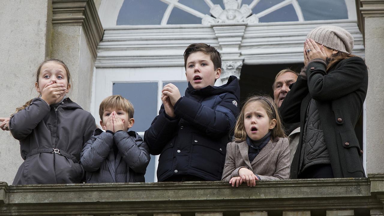 Princess Mary and her children flinch after an official is hit by a fast running horse during the yearly Hubertus Hunt. Picture: Ole Jensen/Corbis via Getty Images
