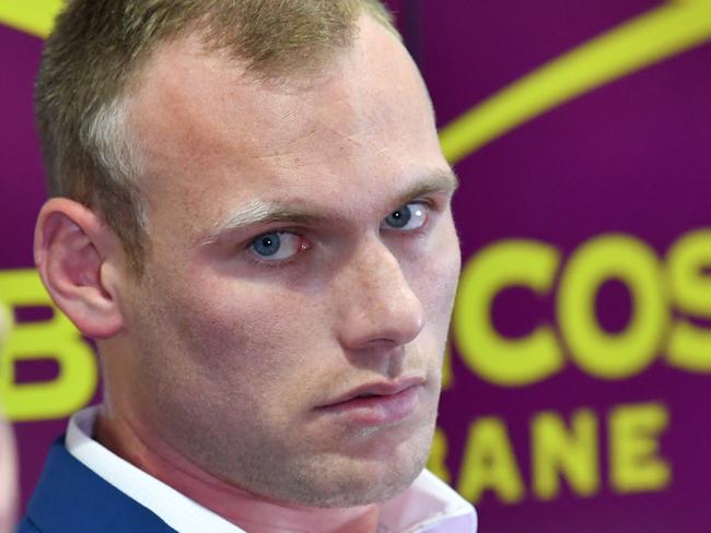 Brisbane Broncos player Matt Lodge is seen during a press conference at the Clive Berghofer Centre in Brisbane, Wednesday, June 20, 2018. Lodge spoke to the media to announce that he has reached a confidential settlement with the victims of his New York rampage in 2015. (AAP Image/Darren England) NO ARCHIVING