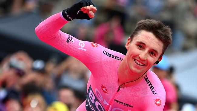 Australian Jai Hindley during his Giro d’Italia (Tour of Italy) win last year. Picture: Tim de Waele/Getty