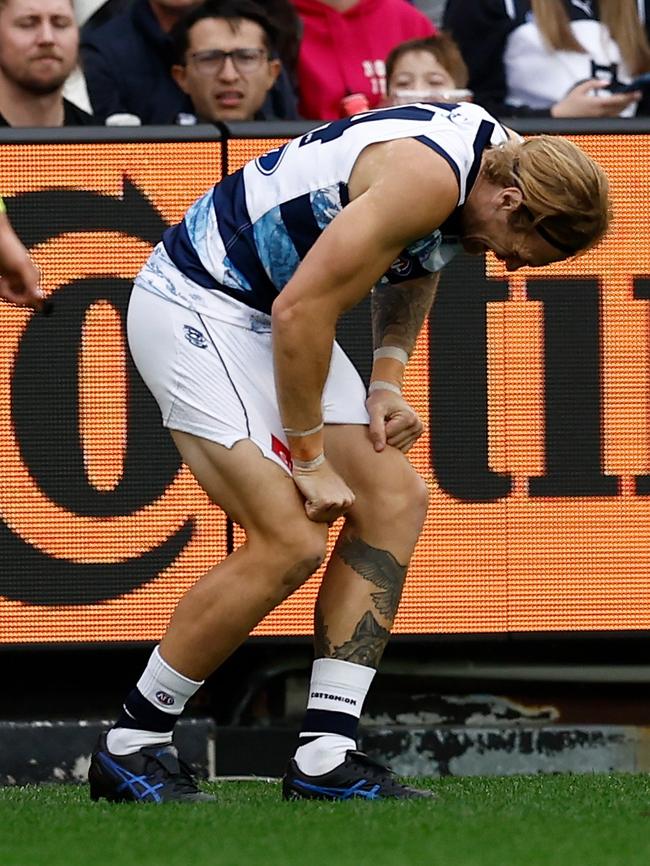 Tom Stewart sustains an injury against the Blues. (Photo by Michael Willson/AFL Photos via Getty Images)