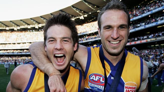 Eagles teammates Ben Cousins and Chris Judd celebrate West Coast’s grand final win against Sydney in 2006. Picture: Getty Images