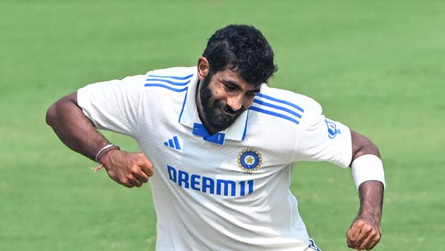 India's Jasprit Bumrah celebrates after taking the wicket of England's Ollie Pope during the second Test between India and England. Picture: Dibyangshu Sarkar / AFP.