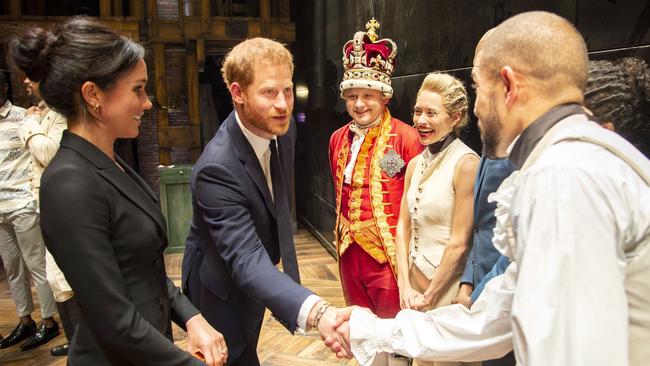 Harry and Meghan meet the cast and crew of Hamilton backstage. Picture: Getty Images