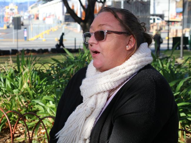 Krista Lindsay speaks to the media on Parliament Lawns in Hobart on Thursday, June 1, 2023.