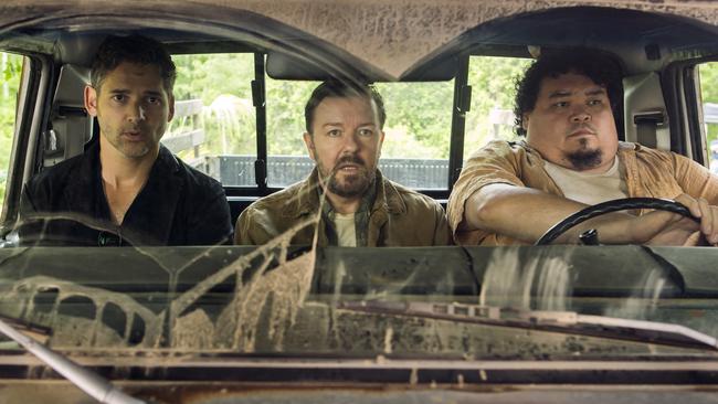 Bana with Ricky Gervais in the Netflix movie <i>Special Correspondents</i>.