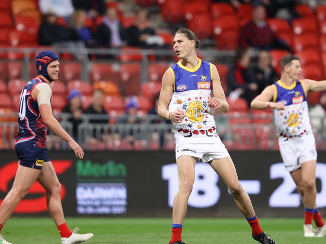 SYDNEY, AUSTRALIA - JUNE 04: Eric Hipwood of the Lions reacts after missing a shot on goal during the round 12 AFL match between the Melbourne Demons and the Brisbane Lions at GIANTS Stadium on June 04, 2021 in Sydney, Australia. (Photo by Mark Kolbe/Getty Images)