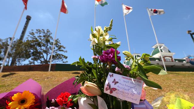 Wreaths and flower tributes at Dreamwold on the day after the diaster in October 2016. Lyndon Mechielsen/The Australian