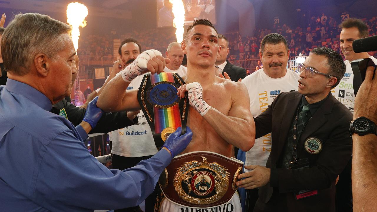 Tszyu celebrates his WBA Oceania WBO Global super welterweight title fight win. Picture: Getty Images