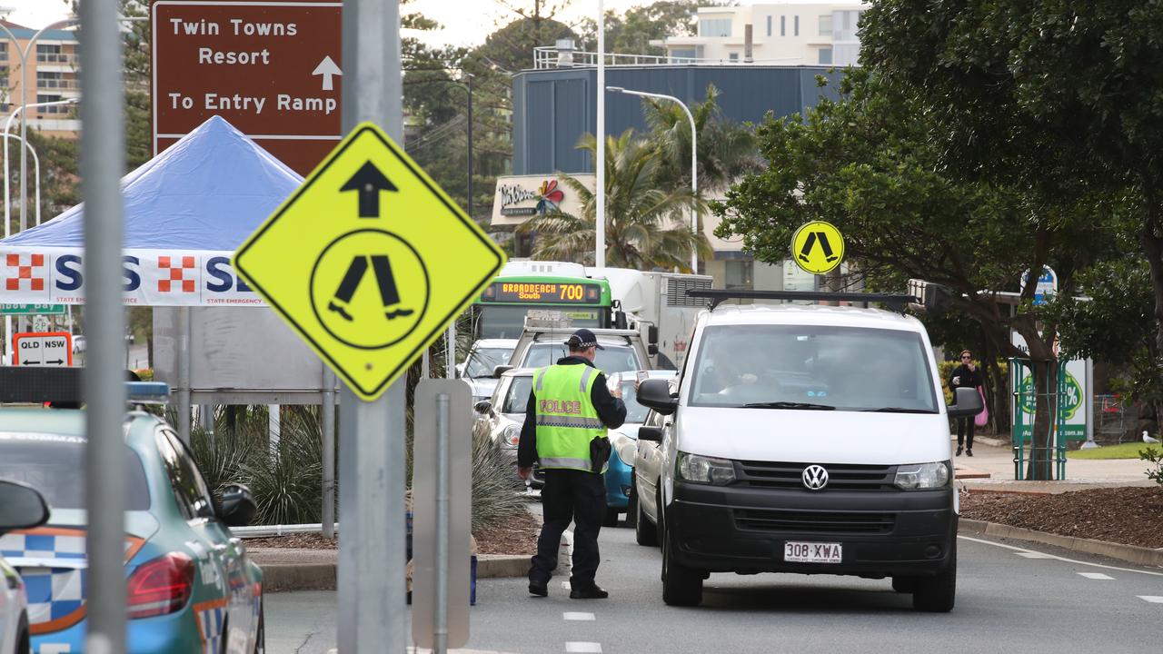 The hard border and long Queues return to the Qld NSW border on the Gold Coast. People getting the thumbs up or turned away in Griffith St Coolangatta. Picture: Glenn Hampson.