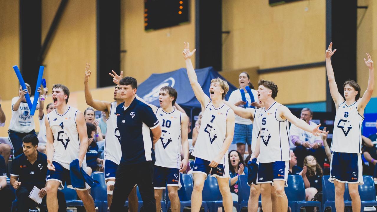 Victoria Country players celebrate their win over Western Australia Metro on Day 7 of the 2025 Basketball Australia Under-18 and Junior Wheelchair Championships. Picture: Taylor Earnshaw.