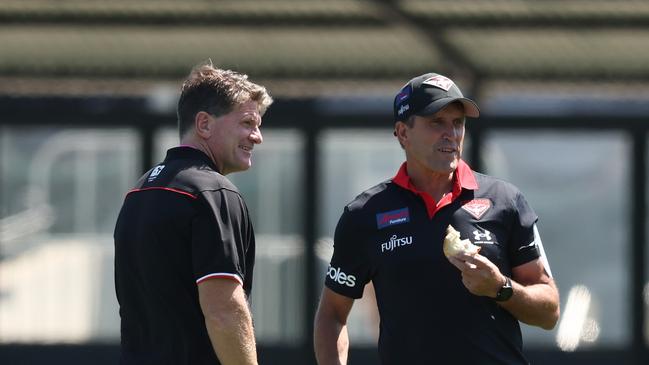 Robert Harvey and Dale Tapping during the Bombers’ pre-season match against the Saints. (Photo by Michael Willson/AFL Photos via Getty Images)