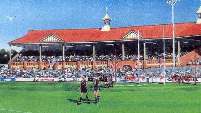 Artist's impression of how Norwood Oval would look with the Edwin T. Smith stand extended to Coopers Hill as part of a $7m-plus facelift 1994.