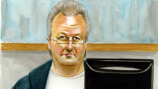 Hugo Rich stays in touch with his legal team via computer in court. Picture: Court illustration