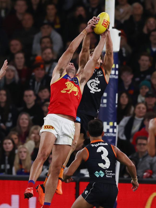 Jack Payne and Charlie Curnow contest a mark the last time Brisbane and Carlton met in round 8. Picture: Michael Klein