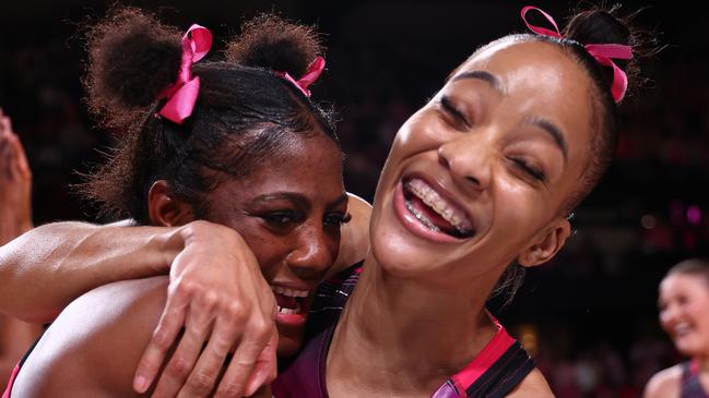 ADELAIDE, AUSTRALIA - AUGUST 03: Shamera Sterling-Humphrey (R) and Latanya Wilson of the Thunderbirds celebrate victory in the Super Netball Grand Final match between Adelaide Thunderbirds and Melbourne Vixens at Adelaide Entertainment Centre on August 03, 2024 in Adelaide, Australia. (Photo by Graham Denholm/Getty Images)