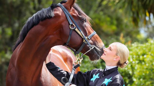 AUS OUT WARNING - EMBARGO SUNDAY 3RD NOV 6AM DO NOT PUBLISH  Jamie Kah with Racehorse Okita Sushi at Ciaron Maher Racing in Cranbourne. Picture Rebecca Michael.