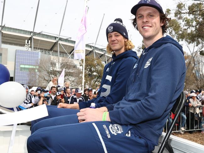 Max Holmes joined Sam De Koning at the grand final parade . Picture by Michael Klein