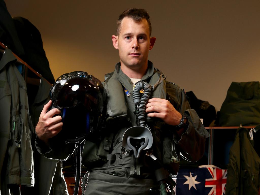 Australian Pilots training in the F35 fighter Jets Luke Airforce Base in Phoenix Arizona. Flight Lieutenant “Damo” before a flight . Picture: Nathan Edwards