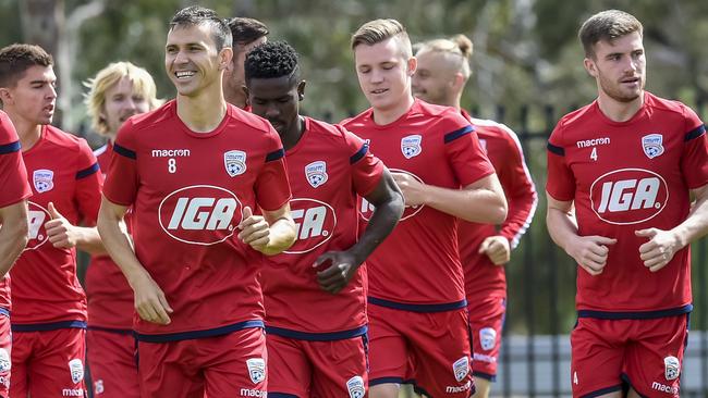 Adelaide United players prepare for their season opener against Sydney FC this week. Picture: AAP Image/Roy VanDerVegt